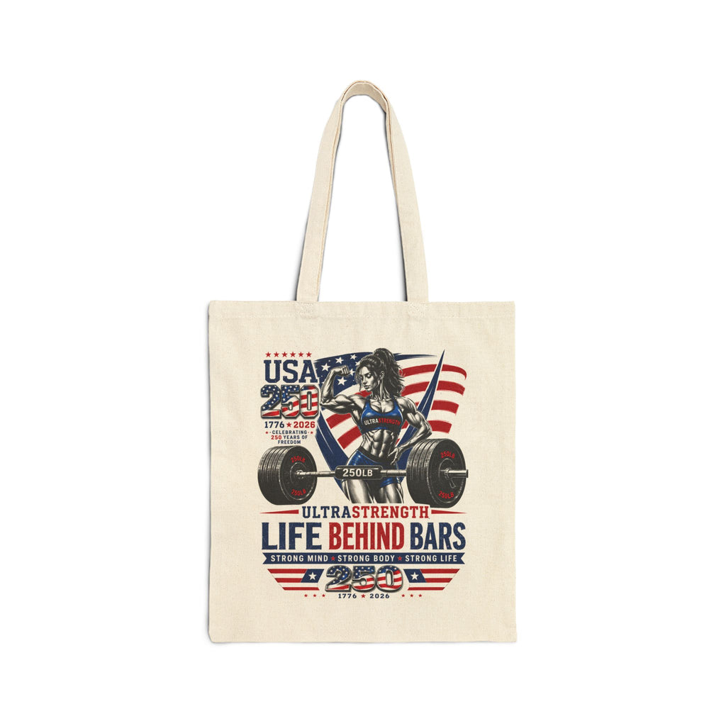 Strength & Patriotism Tote — "Life Behind Bars" Weightlifting Canvas Bag
