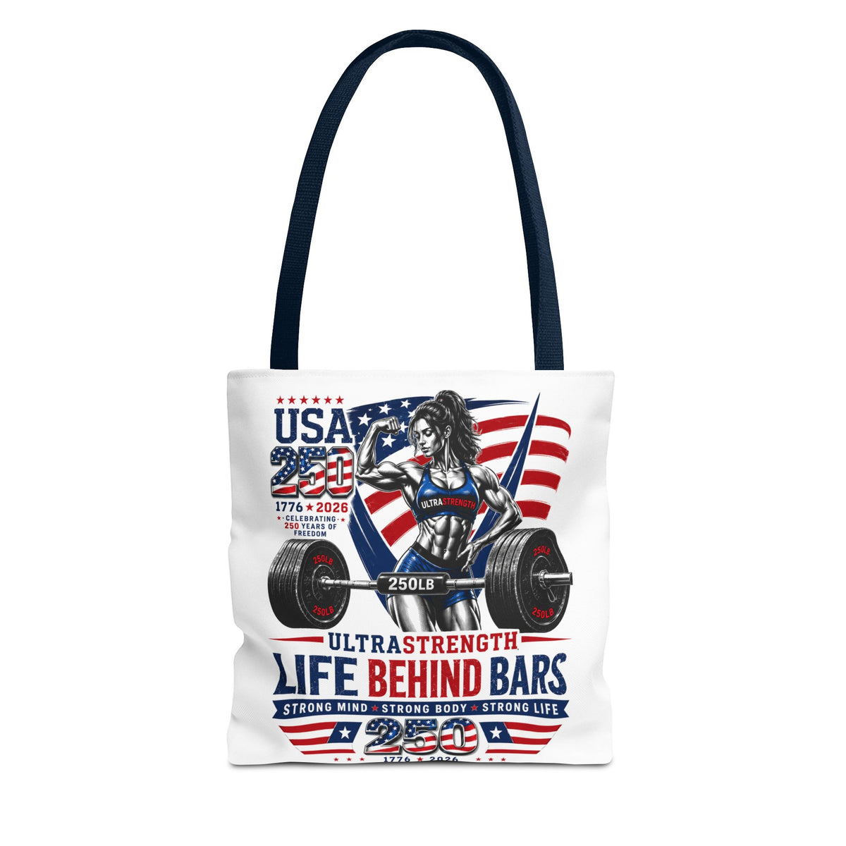 Patriotic Weightlifting Tote Bag — "Life Behind Bars" USA Fitness Gym Tote