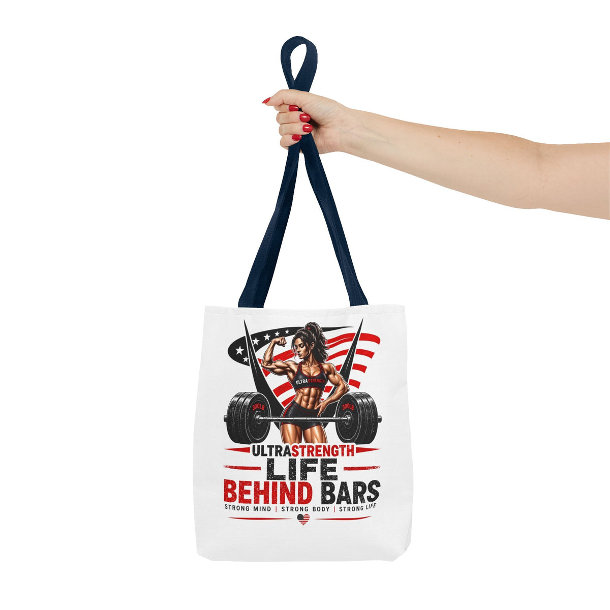 Fitness Tote Bag — "Life Behind Bars" Weightlifting American Flag Gym Tote