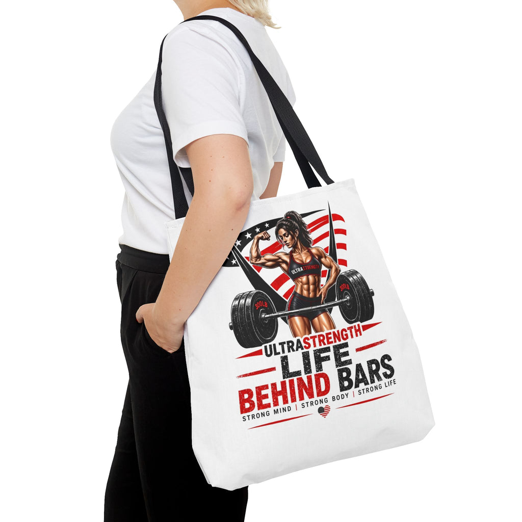 Fitness Tote Bag — "Life Behind Bars" Weightlifting American Flag Gym Tote