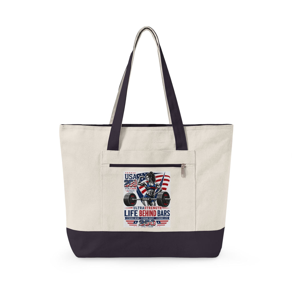 Patriotic Weightlifting Canvas Tote — "Life Behind Bars" Gym Beach Bag