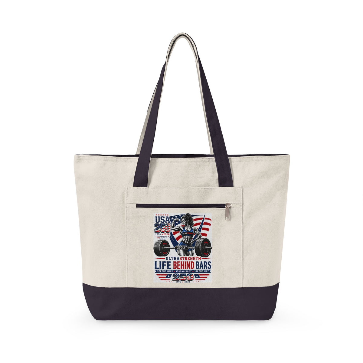 Patriotic Weightlifting Canvas Tote — "Life Behind Bars" Gym Beach Bag