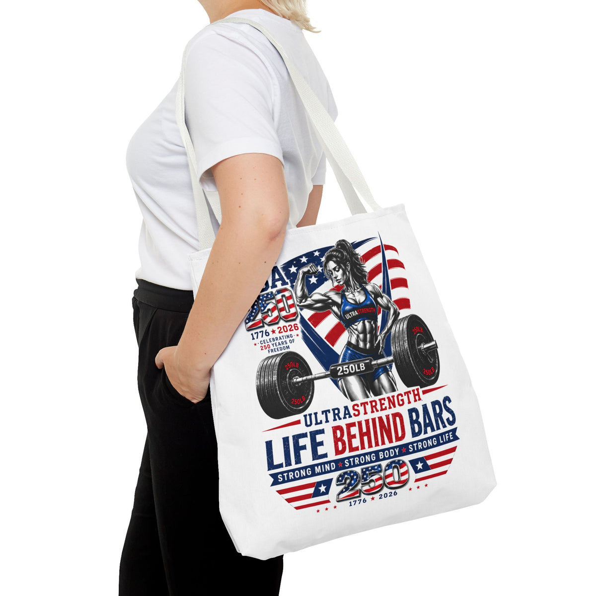 Patriotic Weightlifting Tote Bag — "Life Behind Bars" USA Fitness Gym Tote