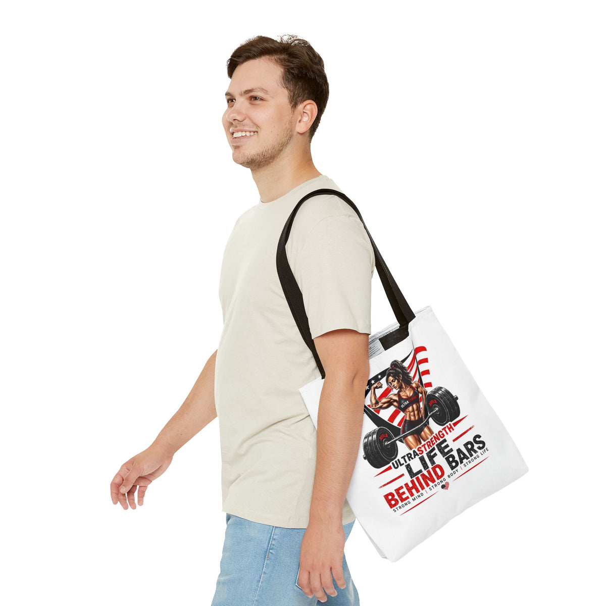 Fitness Tote Bag — "Life Behind Bars" Weightlifting American Flag Gym Tote
