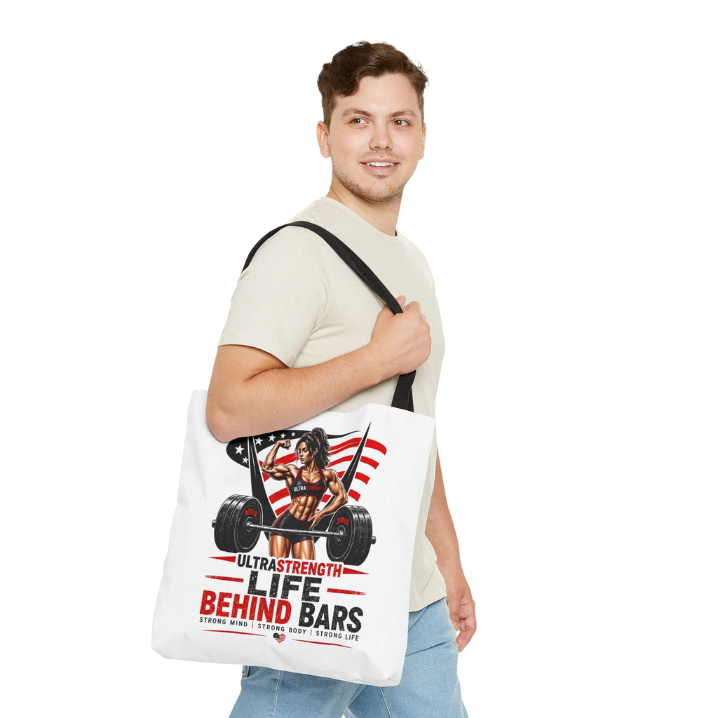Fitness Tote Bag — "Life Behind Bars" Weightlifting American Flag Gym Tote