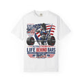Life Behind Bars Weightlifting T-Shirt — USA Flag Powerlifting Design