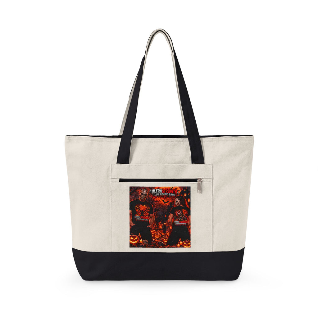 Halloween Horror Canvas Tote Bag - "Life Behind Bars" Pumpkin Skull Gothic Zippered Tote