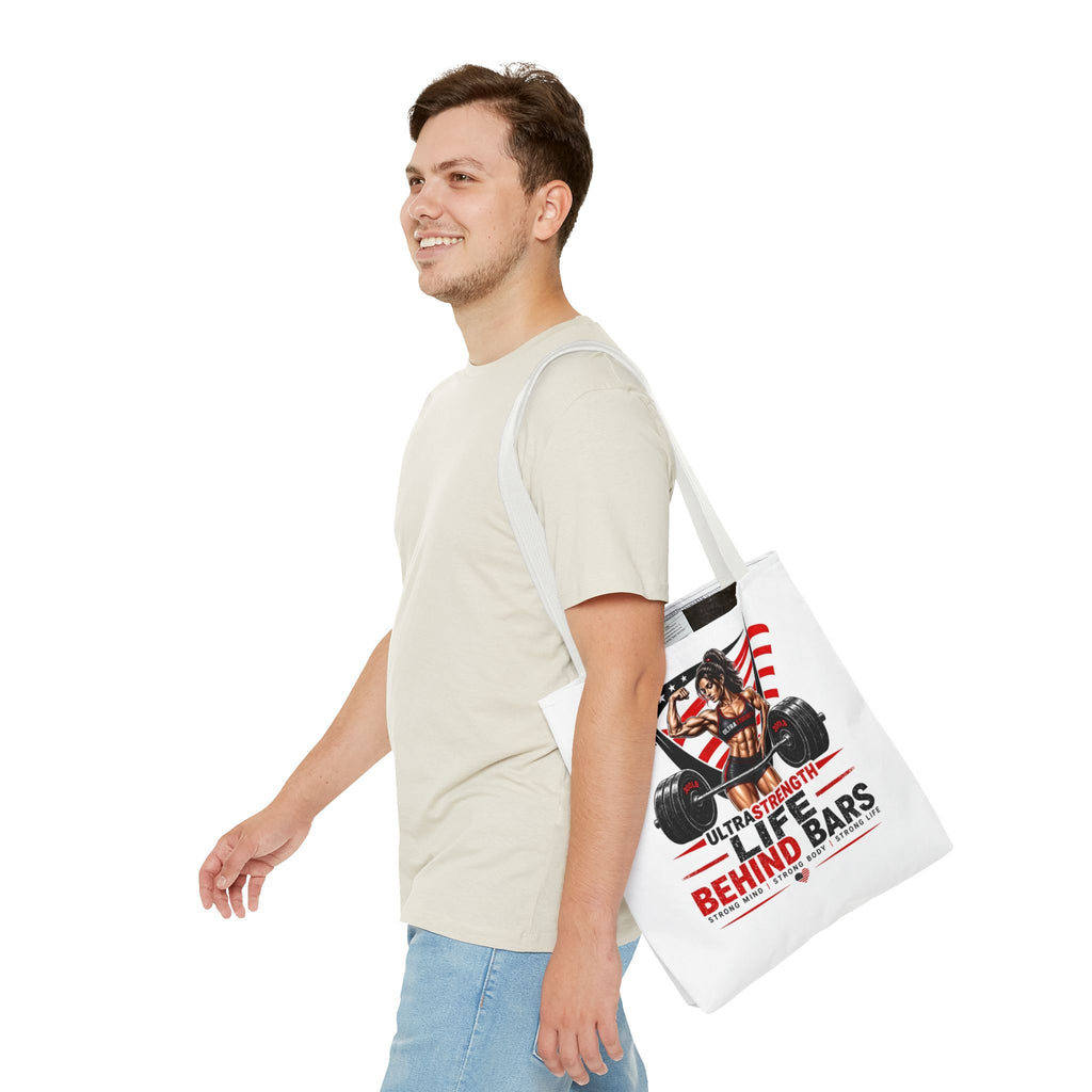 Fitness Tote Bag — "Life Behind Bars" Weightlifting American Flag Gym Tote
