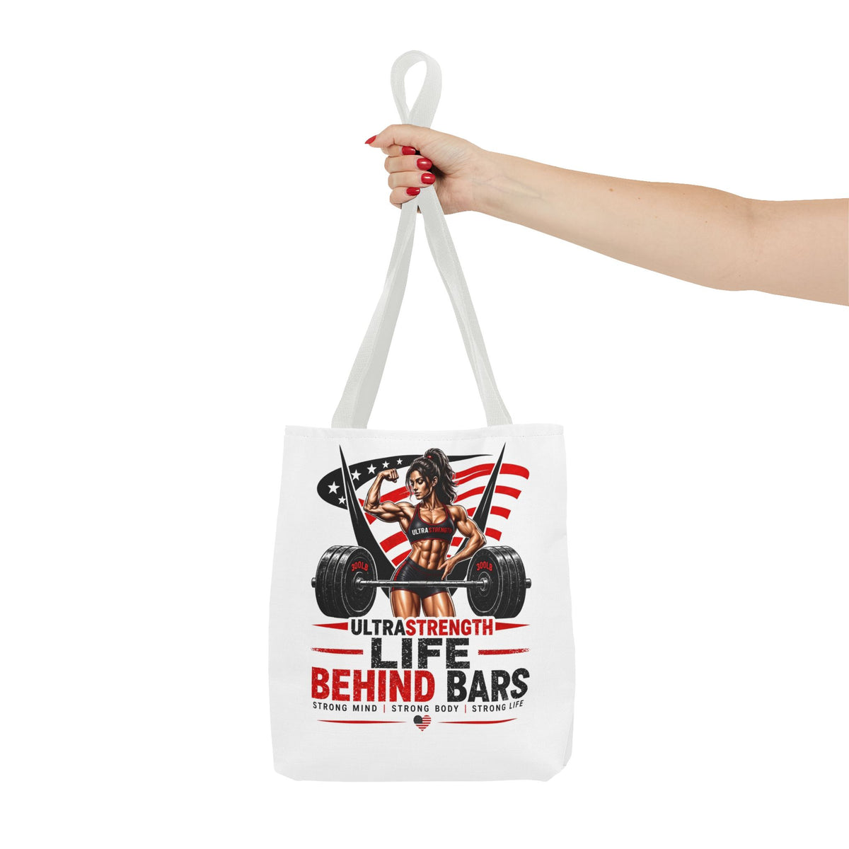Fitness Tote Bag — "Life Behind Bars" Weightlifting American Flag Gym Tote