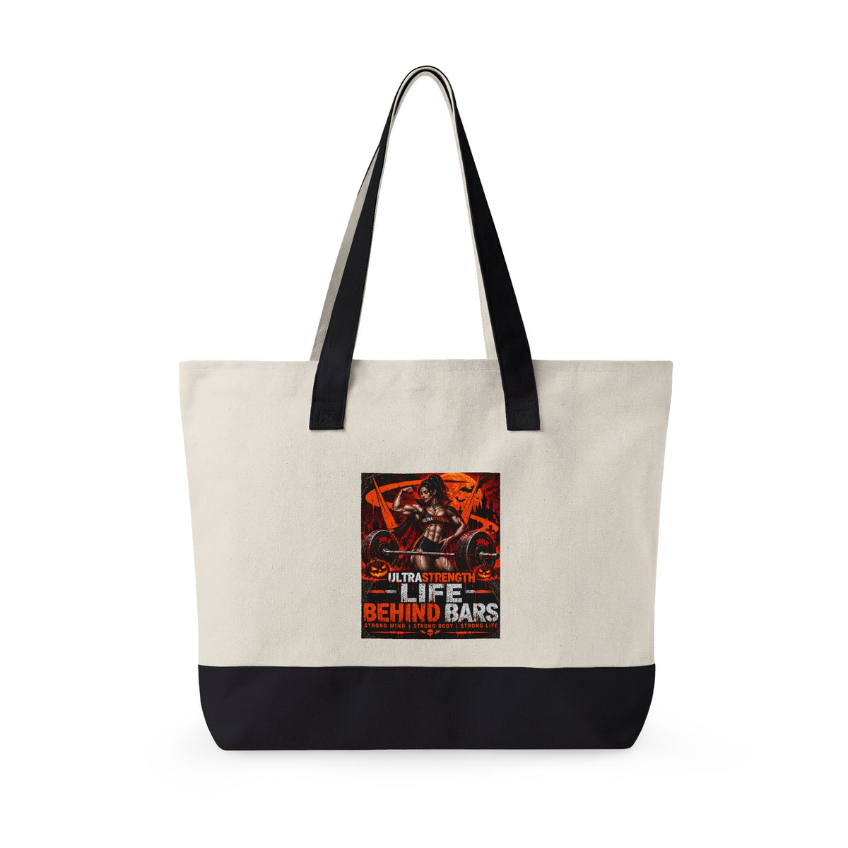 Halloween Horror Canvas Tote Bag - "Life Behind Bars" Pumpkin Skull Gothic Zippered Tote