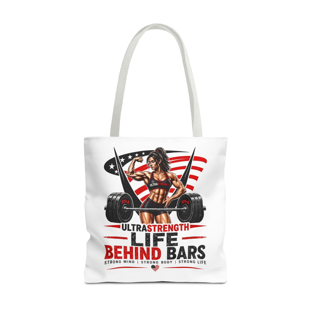 Fitness Tote Bag — "Life Behind Bars" Weightlifting American Flag Gym Tote