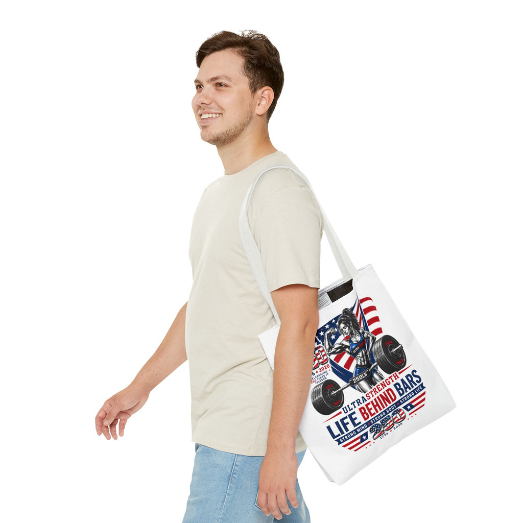 Patriotic Weightlifting Tote Bag — "Life Behind Bars" USA Fitness Gym Tote