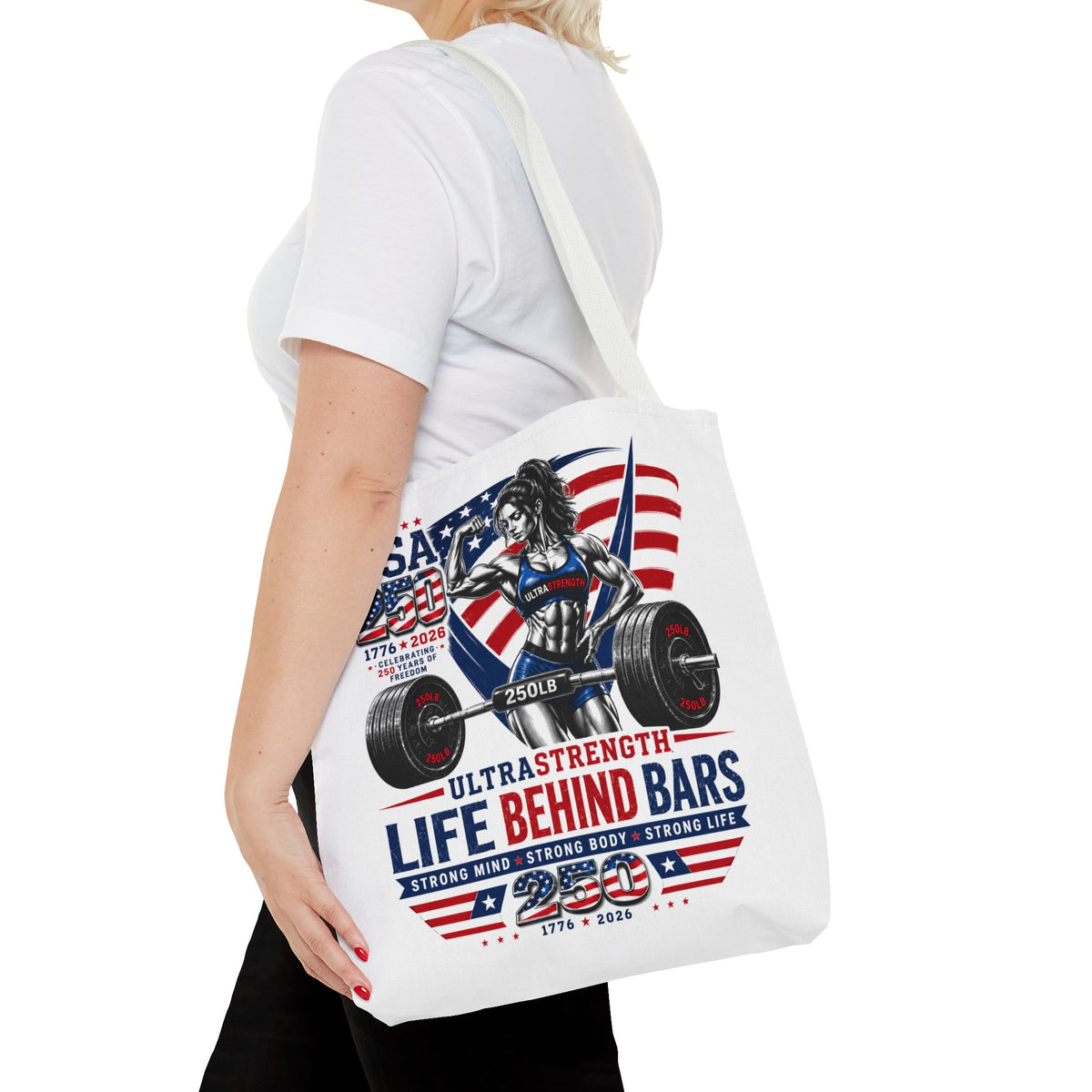 Patriotic Weightlifting Tote Bag — "Life Behind Bars" USA Fitness Gym Tote