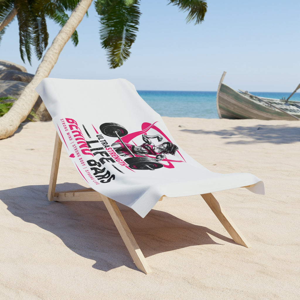 Beach Towel — "Life Behind Bars" Weightlifting Fitness Design (Pink)