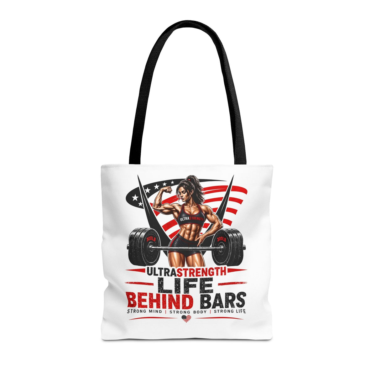 Fitness Tote Bag — "Life Behind Bars" Weightlifting American Flag Gym Tote