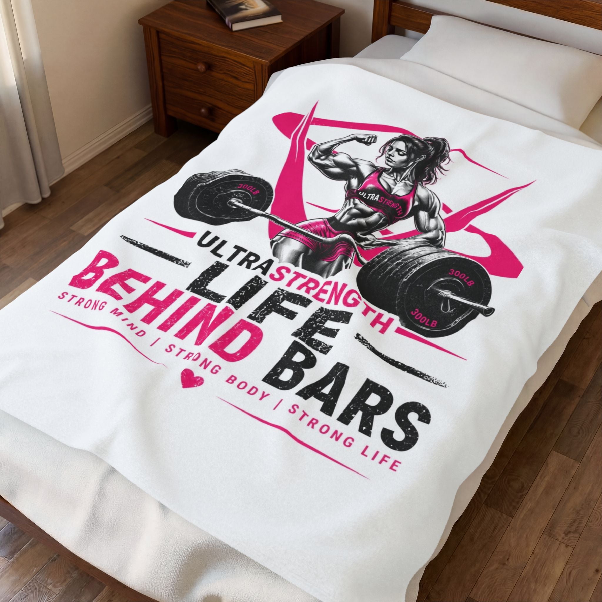 Velveteen Plush Blanket — "Life Behind Bars" Weightlifting Design (UltraStrength Fitness Throw)