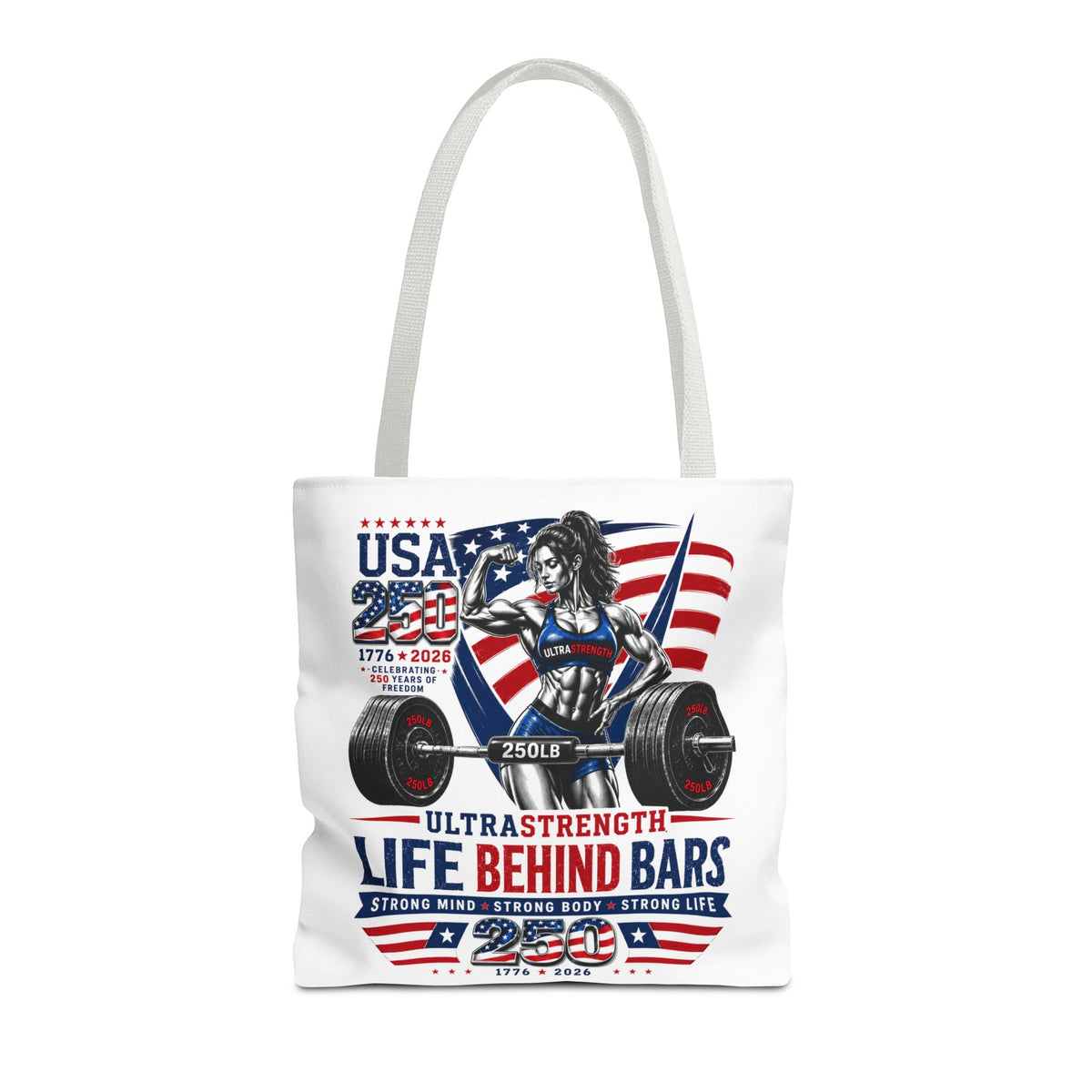 Patriotic Weightlifting Tote Bag — "Life Behind Bars" USA Fitness Gym Tote