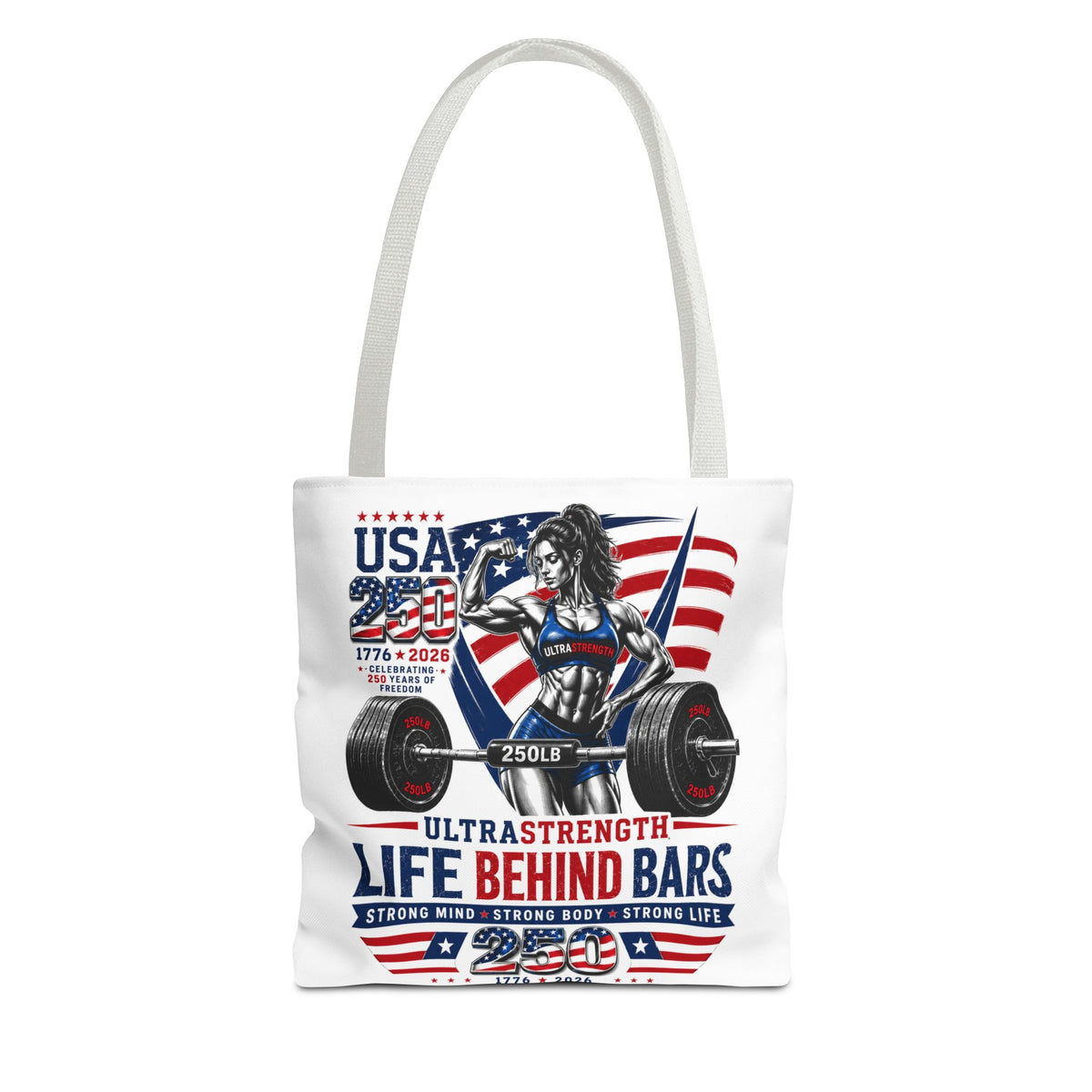 Patriotic Weightlifting Tote Bag — "Life Behind Bars" USA Fitness Gym Tote
