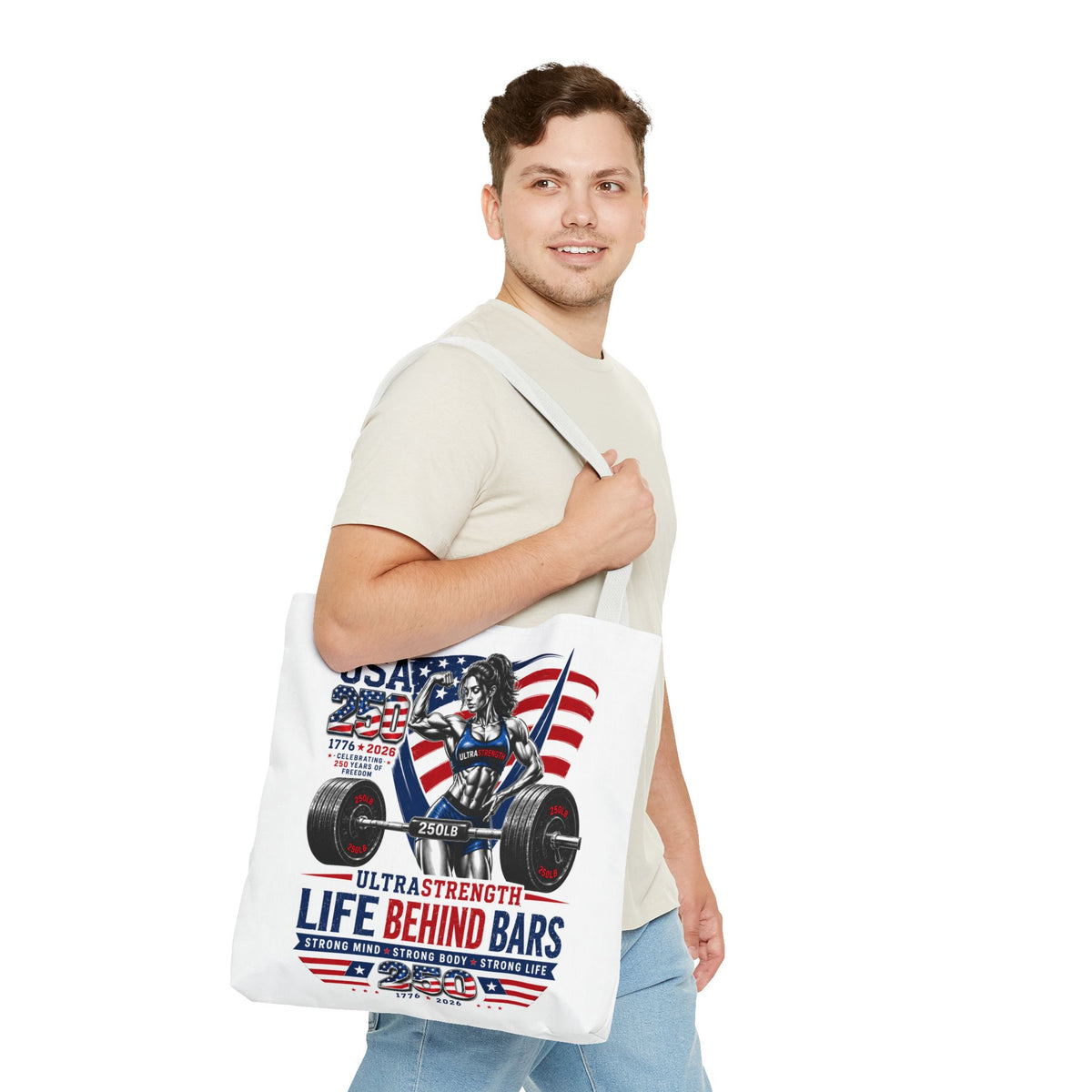 Patriotic Weightlifting Tote Bag — "Life Behind Bars" USA Fitness Gym Tote