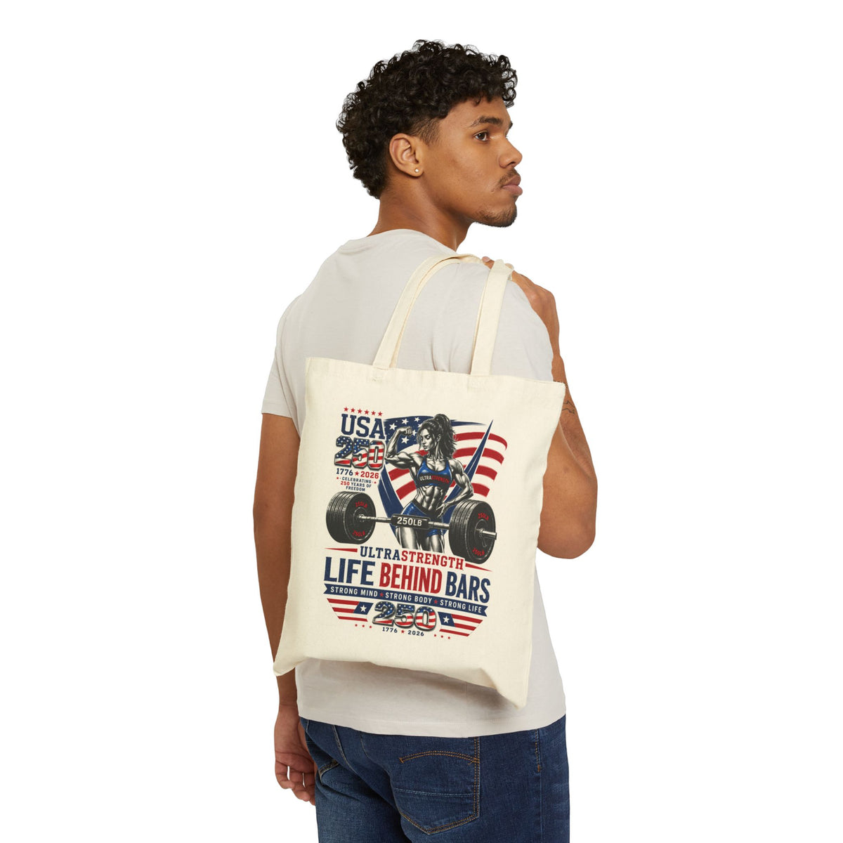Strength & Patriotism Tote — "Life Behind Bars" Weightlifting Canvas Bag