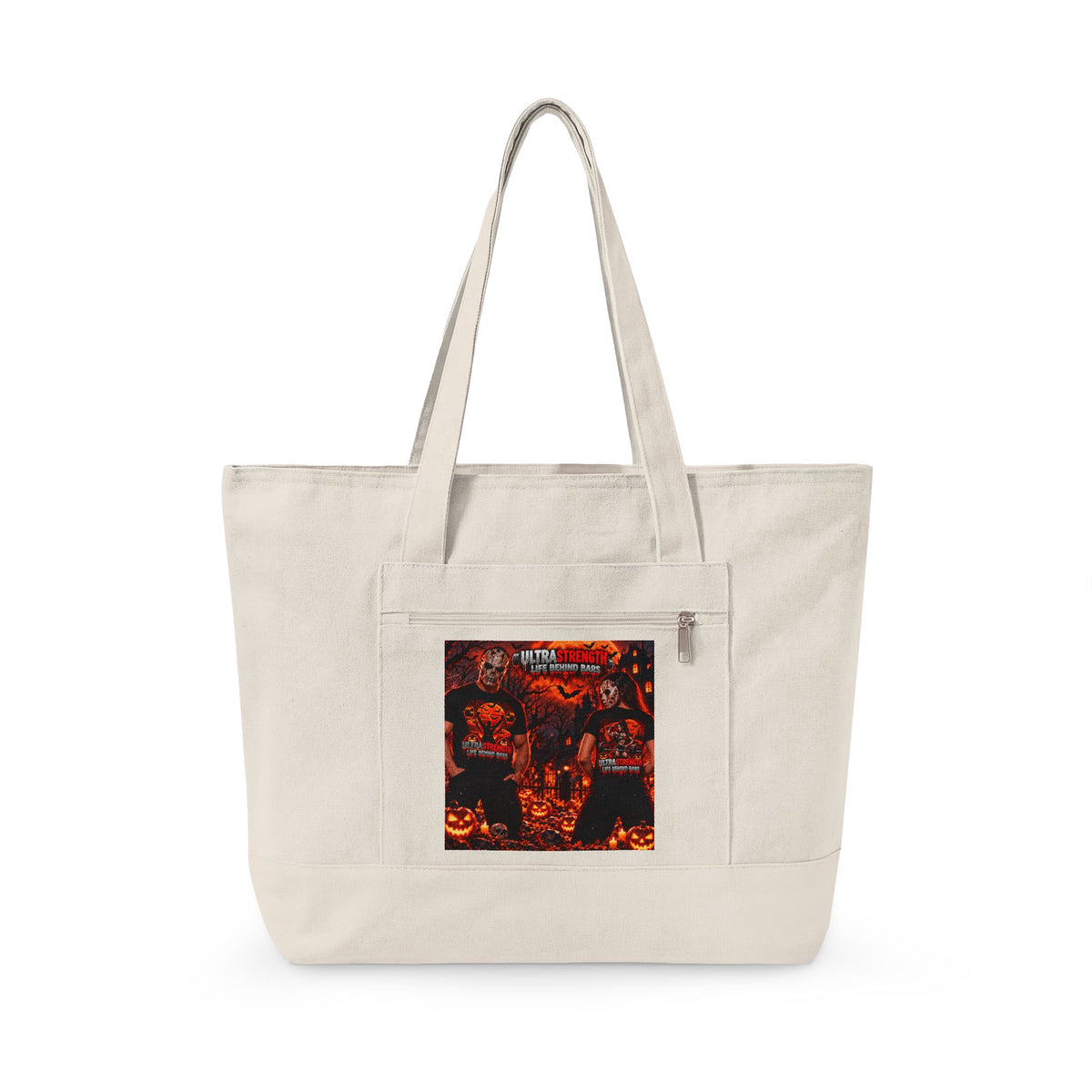 Halloween Horror Canvas Tote Bag - "Life Behind Bars" Pumpkin Skull Gothic Zippered Tote