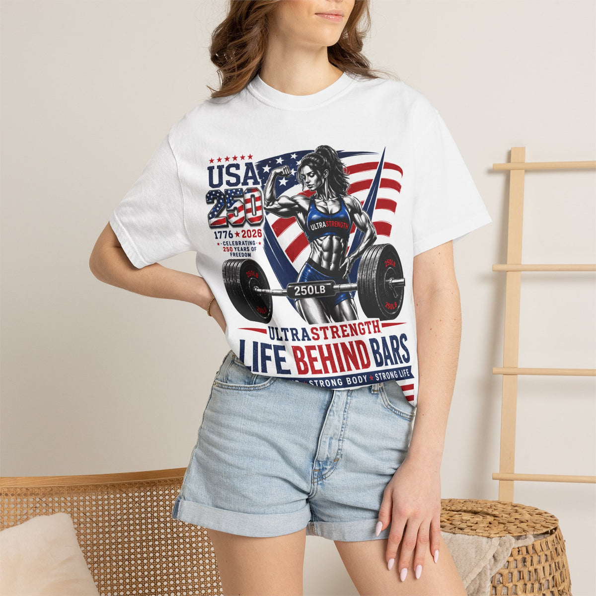 Life Behind Bars Weightlifting T-Shirt — USA Flag Powerlifting Design