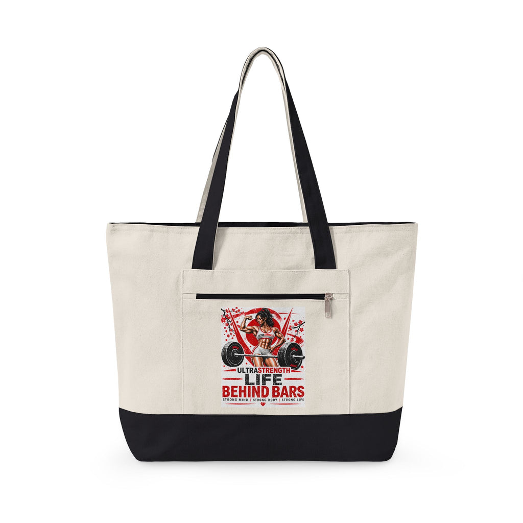 Fitness Graphic Canvas Tote — “Life Behind Bars” Zippered Gym Tote