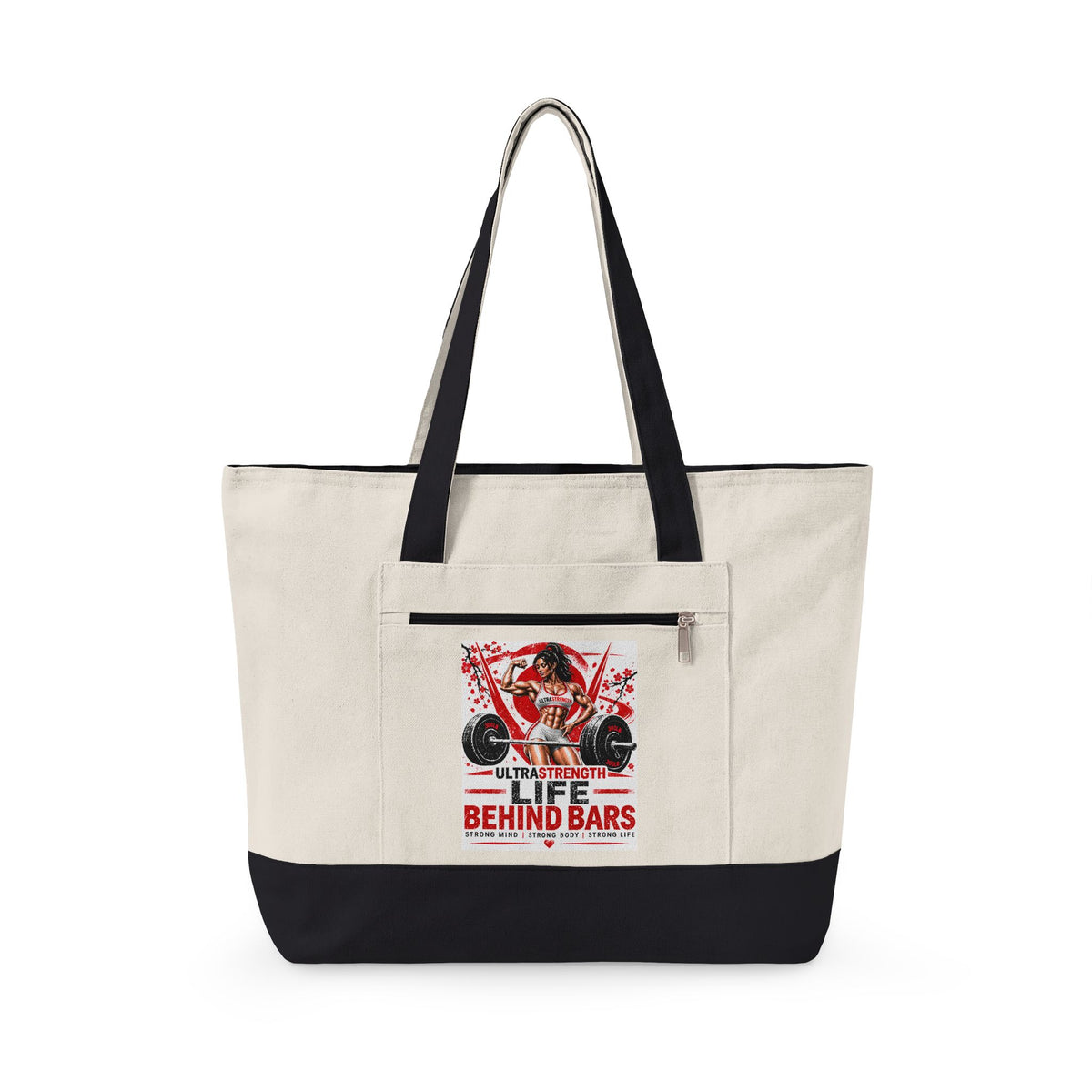 Fitness Graphic Canvas Tote — “Life Behind Bars” Zippered Gym Tote