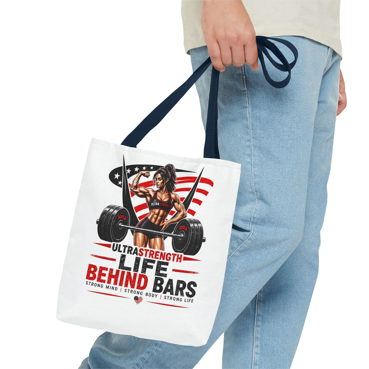 Fitness Tote Bag — "Life Behind Bars" Weightlifting American Flag Gym Tote