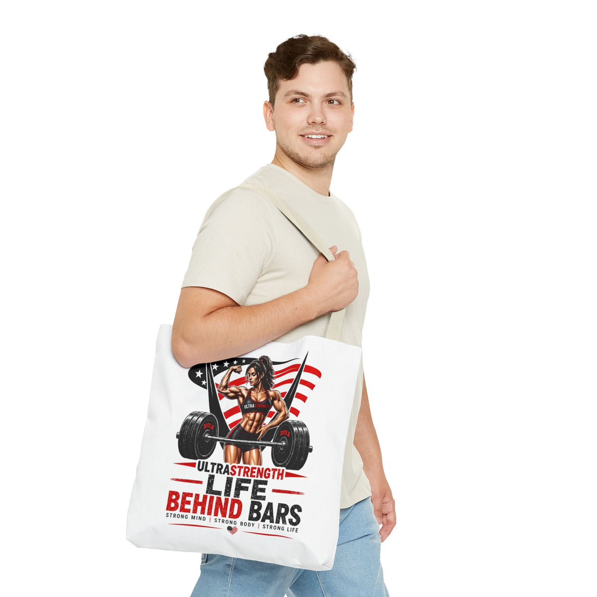 Fitness Tote Bag — "Life Behind Bars" Weightlifting American Flag Gym Tote
