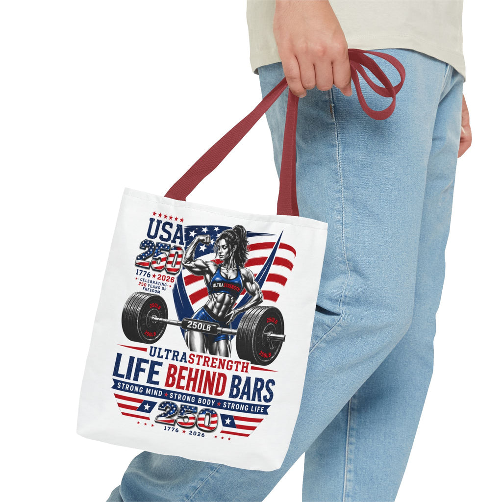 Patriotic Weightlifting Tote Bag — "Life Behind Bars" USA Fitness Gym Tote
