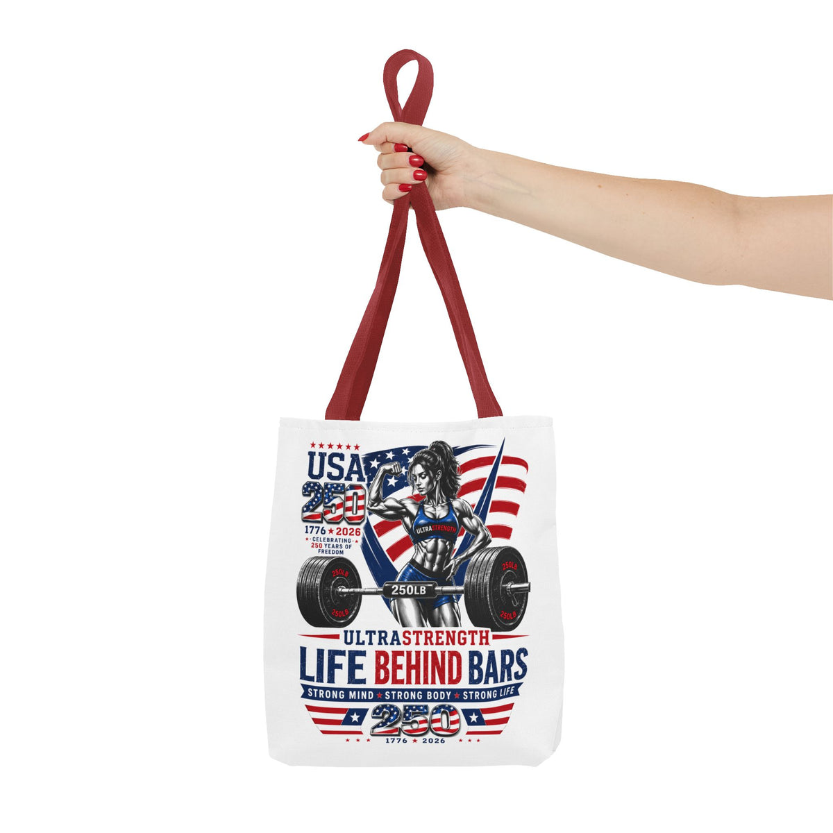 Patriotic Weightlifting Tote Bag — "Life Behind Bars" USA Fitness Gym Tote