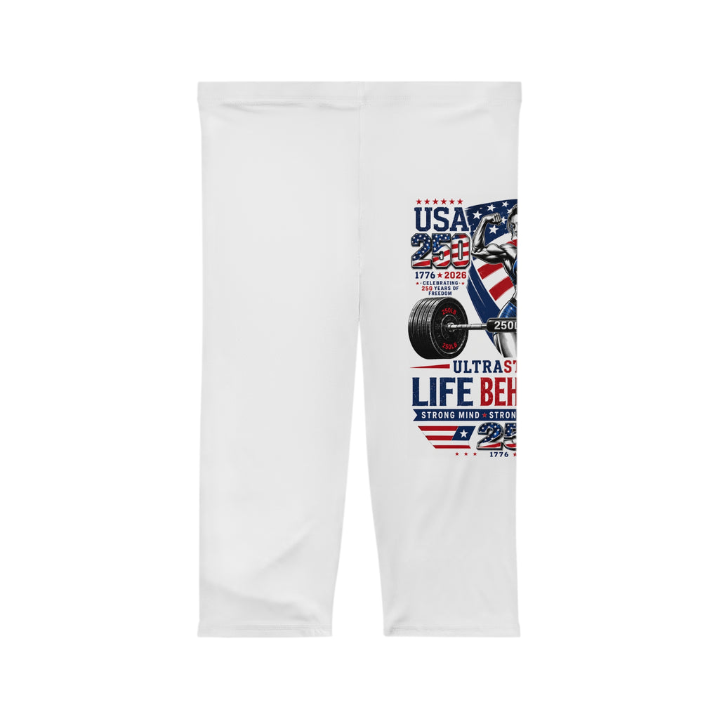 Patriotic Weightlifting Capri Leggings — "Life Behind Bars" USA Fitness Capri