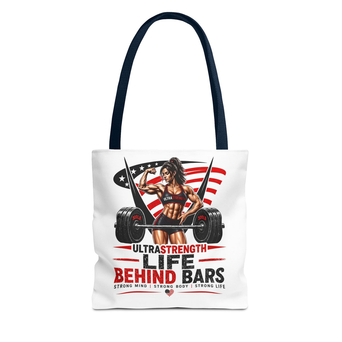 Fitness Tote Bag — "Life Behind Bars" Weightlifting American Flag Gym Tote
