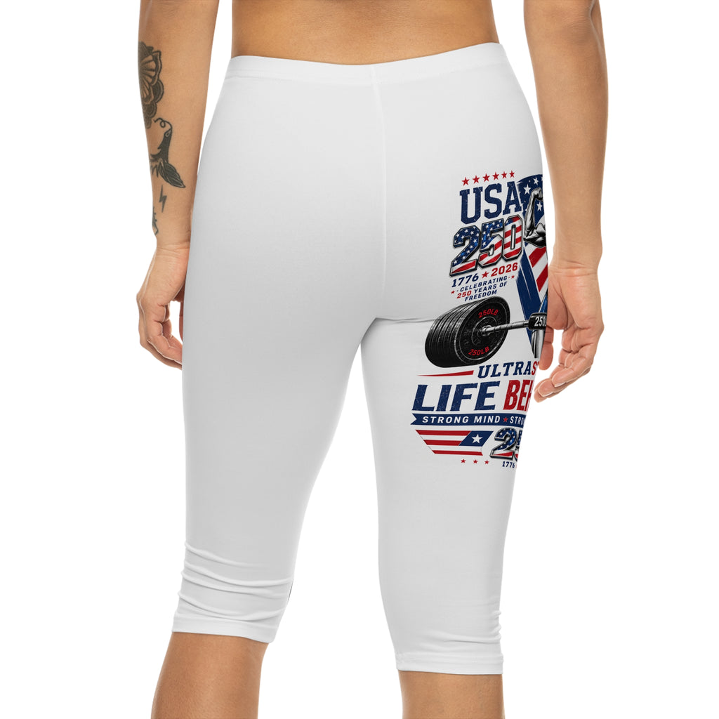 Patriotic Weightlifting Capri Leggings — "Life Behind Bars" USA Fitness Capri