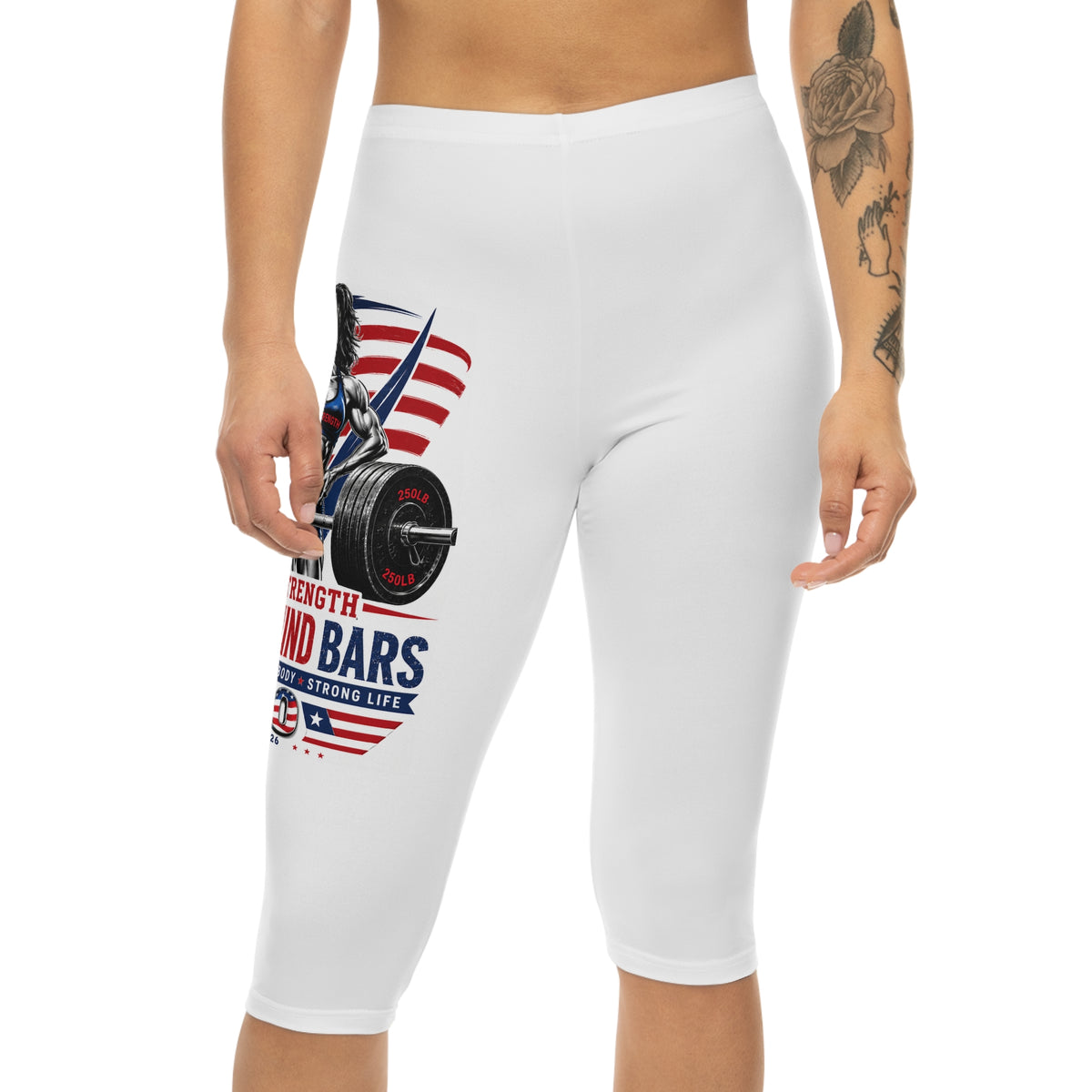 Patriotic Weightlifting Capri Leggings — "Life Behind Bars" USA Fitness Capri