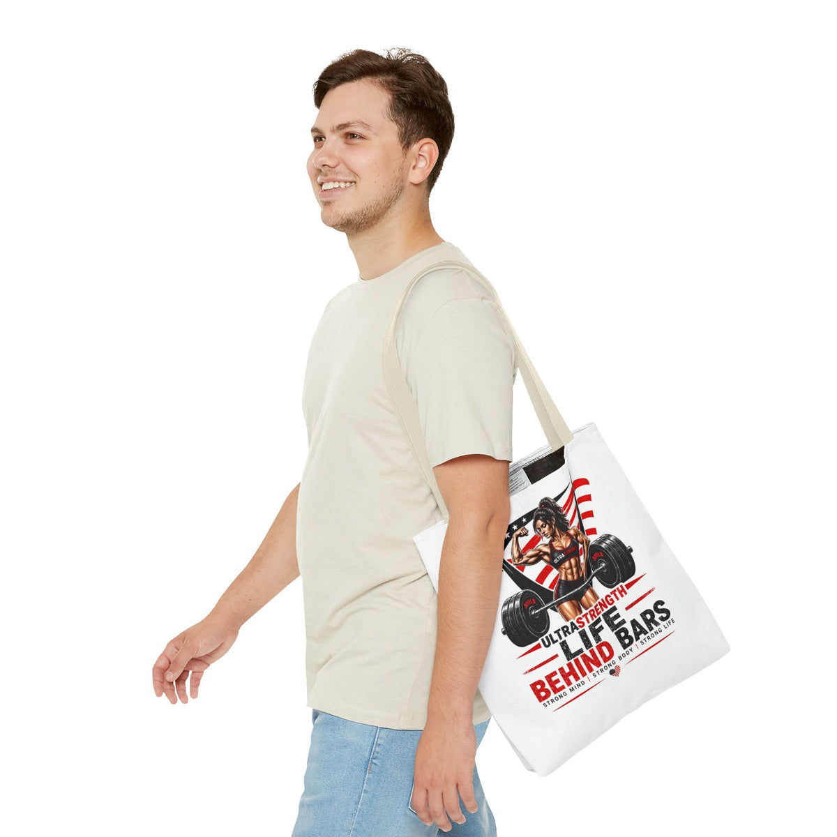 Fitness Tote Bag — "Life Behind Bars" Weightlifting American Flag Gym Tote