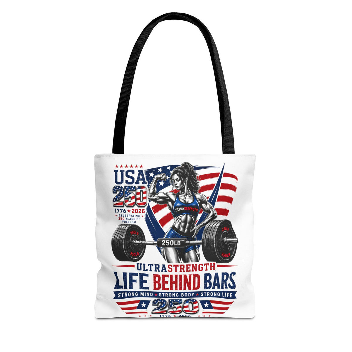 Patriotic Weightlifting Tote Bag — "Life Behind Bars" USA Fitness Gym Tote
