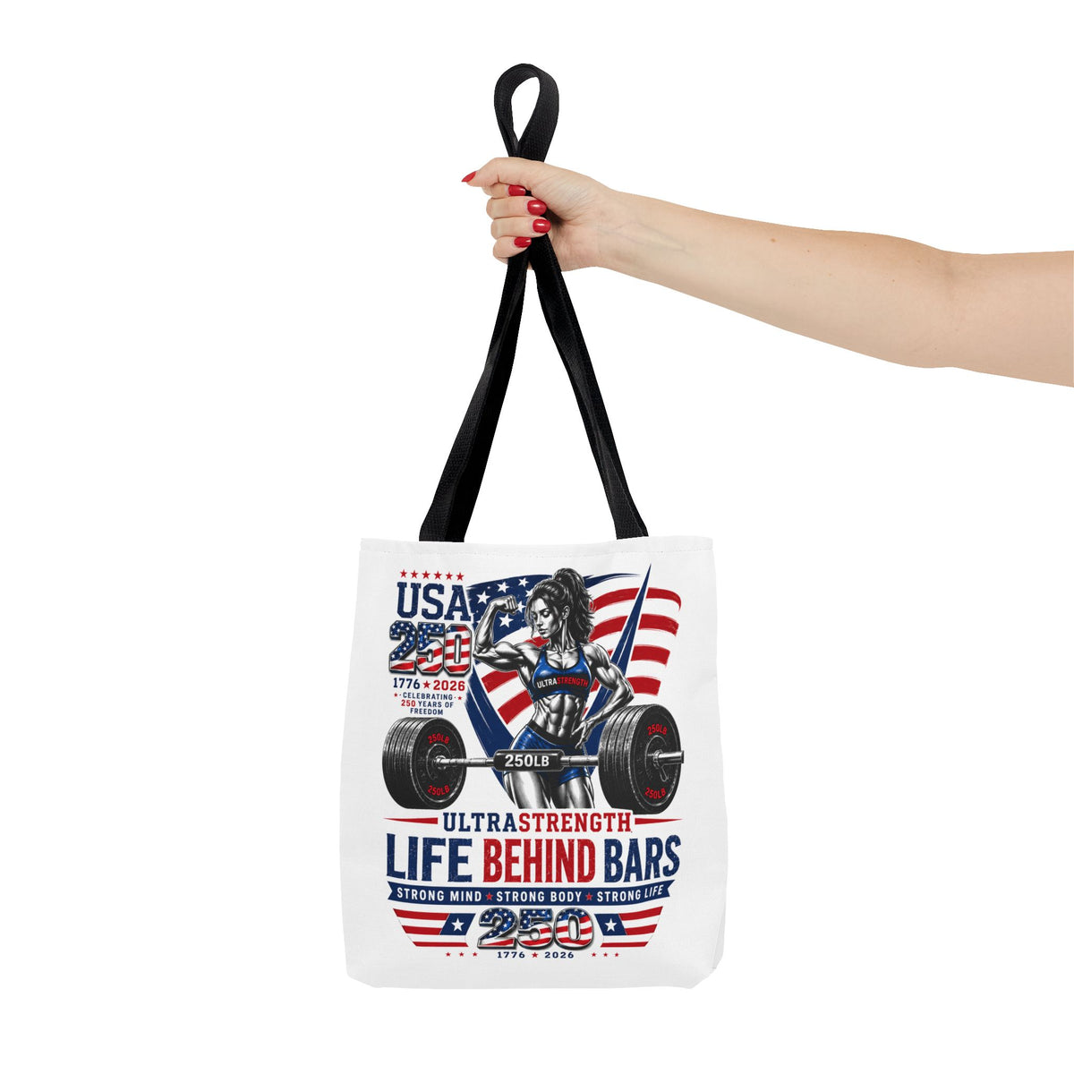 Patriotic Weightlifting Tote Bag — "Life Behind Bars" USA Fitness Gym Tote
