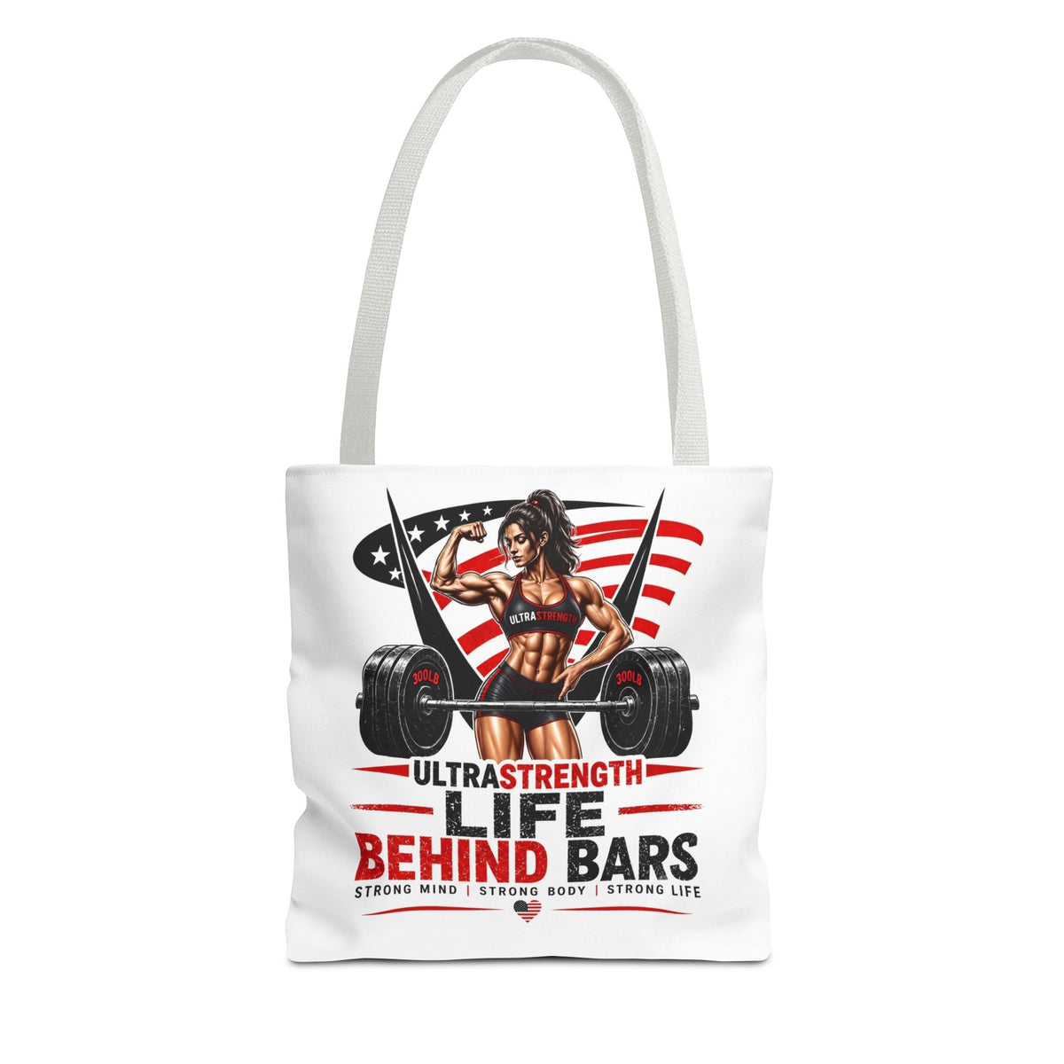 Fitness Tote Bag — "Life Behind Bars" Weightlifting American Flag Gym Tote