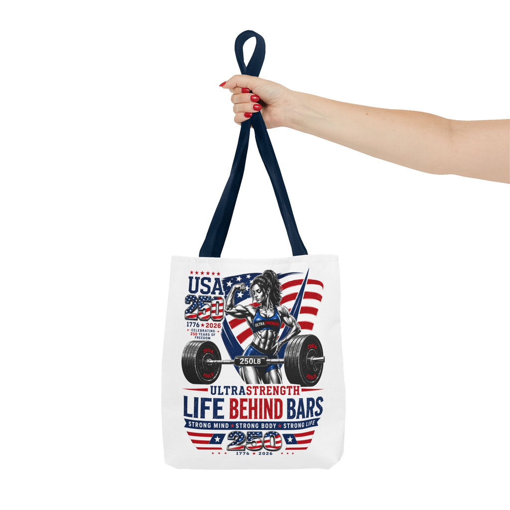 Patriotic Weightlifting Tote Bag — "Life Behind Bars" USA Fitness Gym Tote