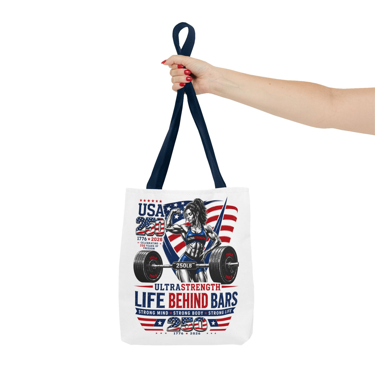 Patriotic Weightlifting Tote Bag — "Life Behind Bars" USA Fitness Gym Tote