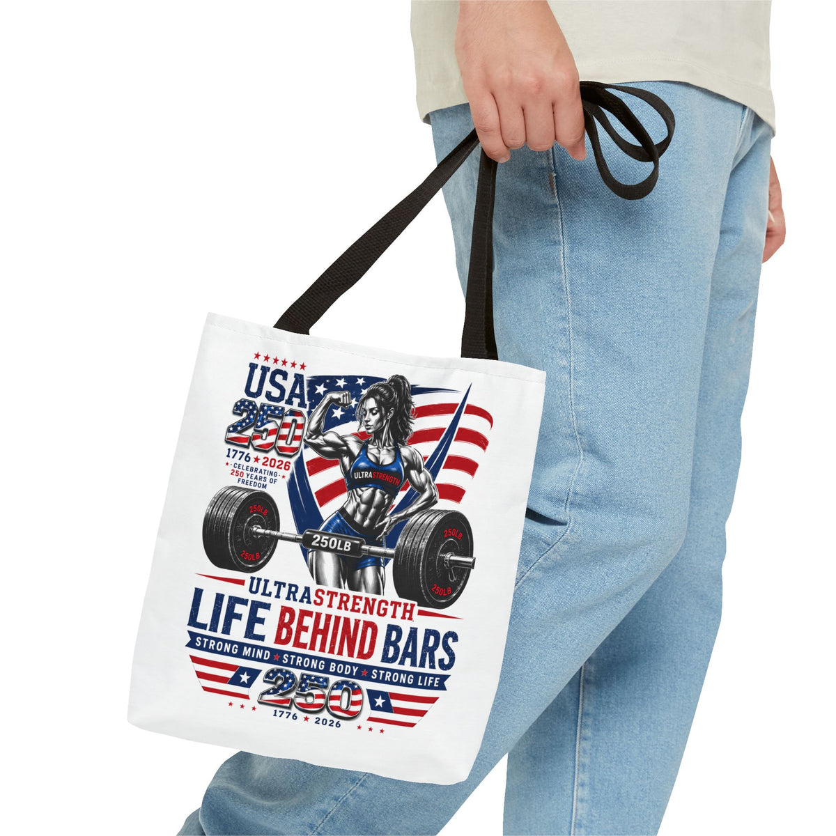Patriotic Weightlifting Tote Bag — "Life Behind Bars" USA Fitness Gym Tote