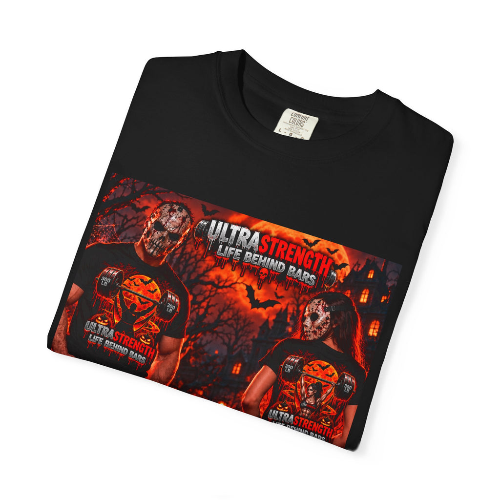 Halloween Ultra Strength Horror T-Shirt — Spooky Gym Masked Crew Tee
