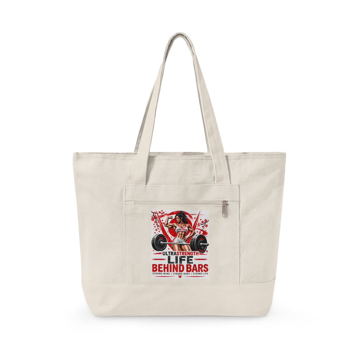 Fitness Graphic Canvas Tote — “Life Behind Bars” Zippered Gym Tote