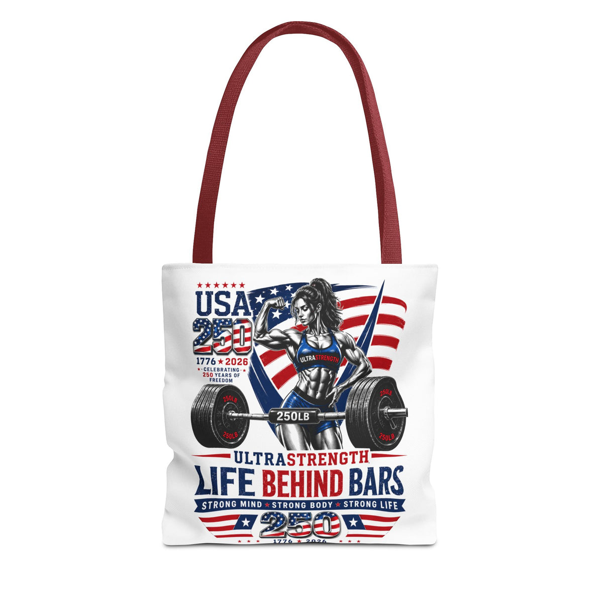 Patriotic Weightlifting Tote Bag — "Life Behind Bars" USA Fitness Gym Tote