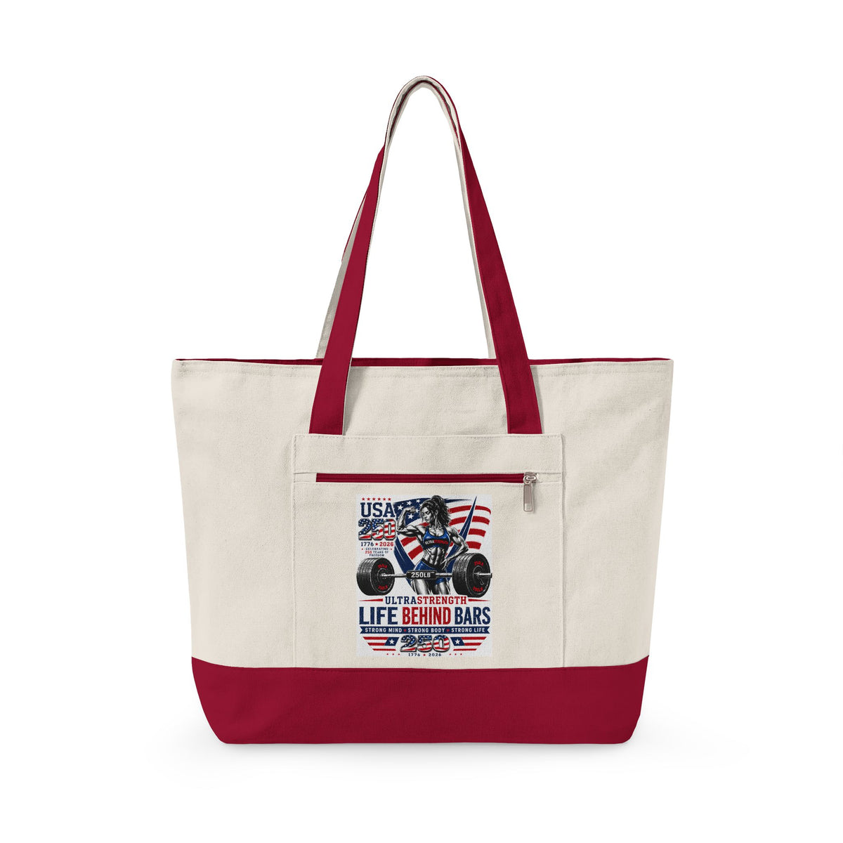 Patriotic Weightlifting Canvas Tote — "Life Behind Bars" Gym Beach Bag