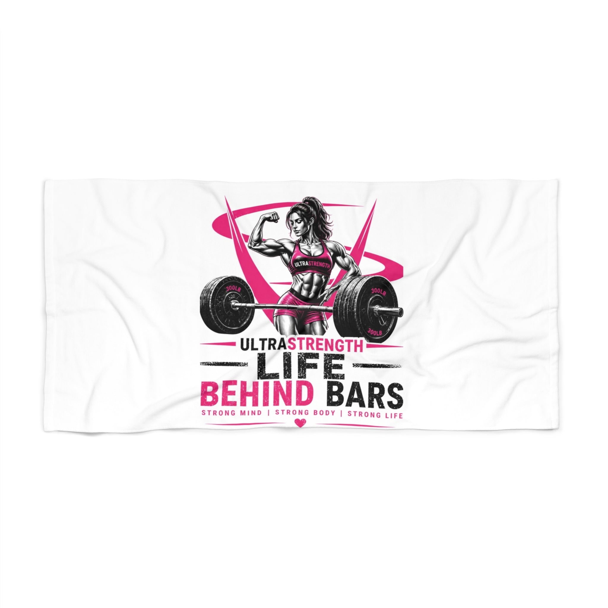 Beach Towel — "Life Behind Bars" Weightlifting Fitness Design (Pink)