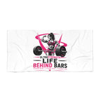 Beach Towel — "Life Behind Bars" Weightlifting Fitness Design (Pink)