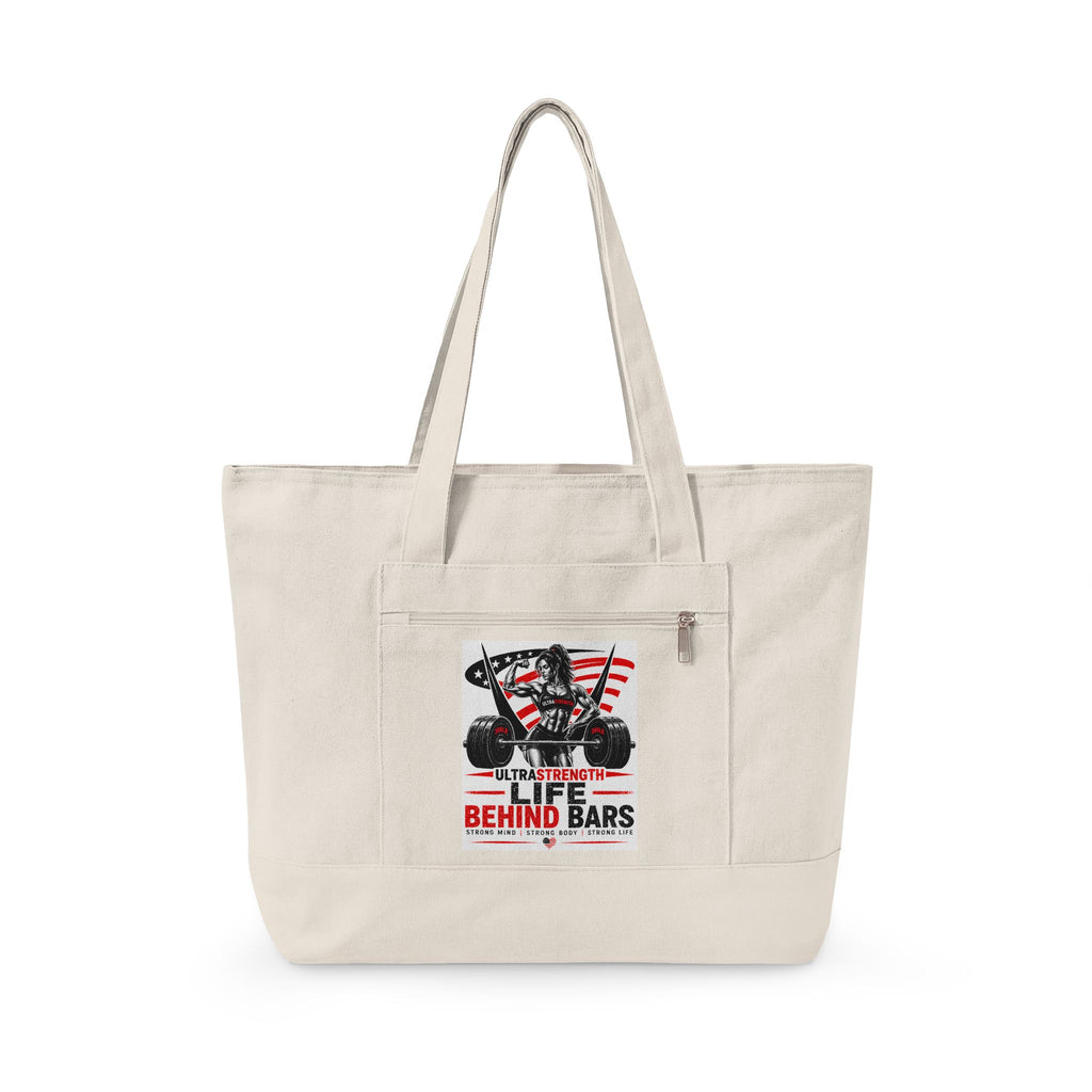 Canvas Tote — “Life Behind Bars” Motorcycle Flag Design Zippered Beach & Market Bag